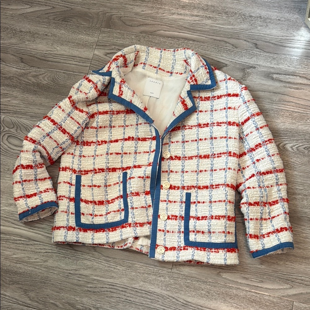 Stylish Women's Tweed Jacket with Blue and Red Accents